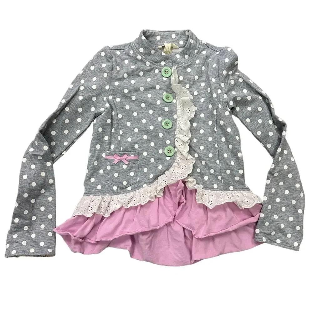 Matilda Jane Lead The Way Jacket Polka Dots Ruffled Hem Pink Gray Size 8